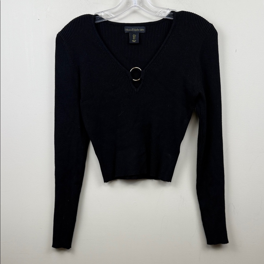 House of Harlow v neck Black Ribbed Long Sleeve Top small euc - Picture 2 of 10